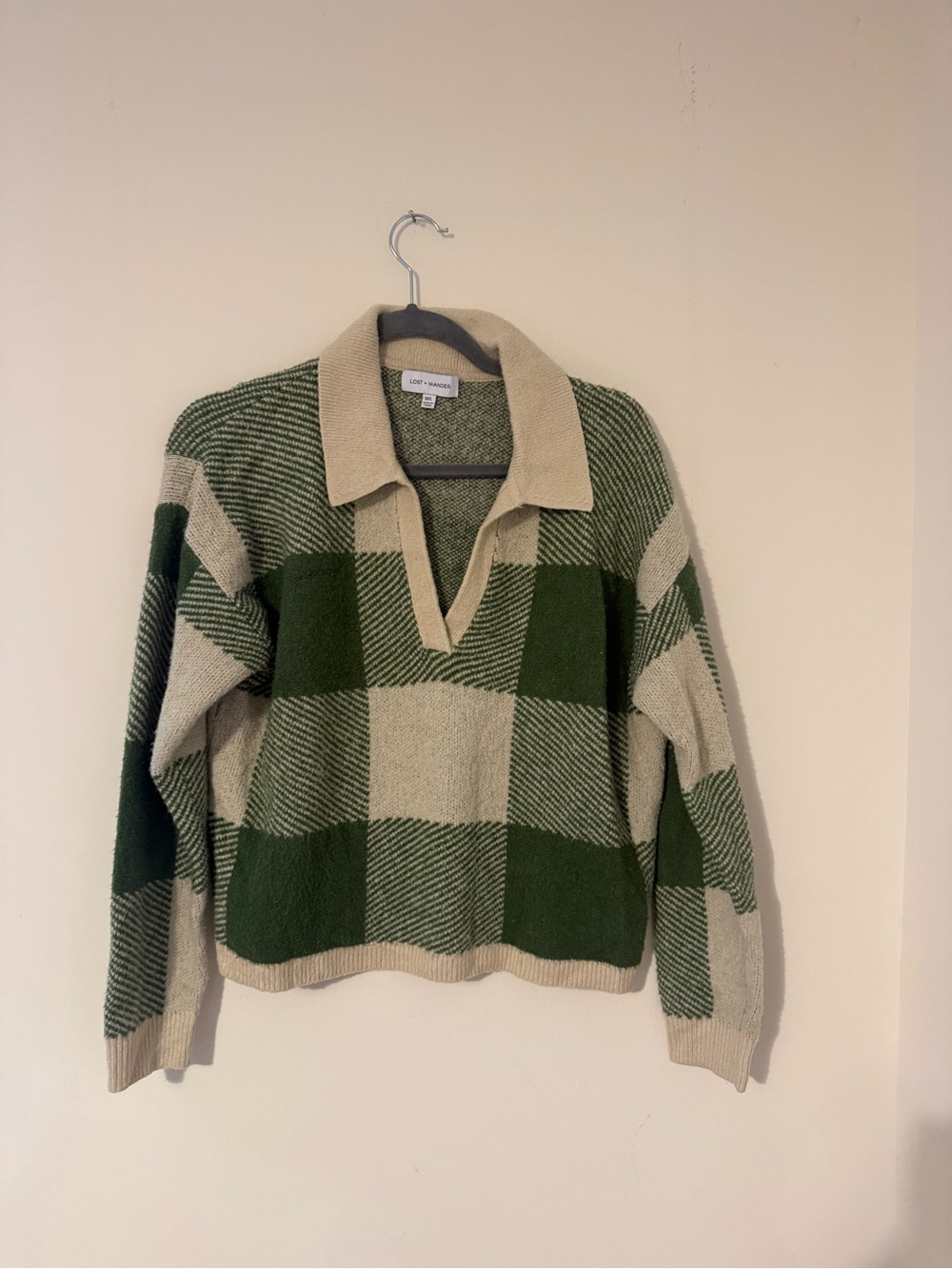 Lost + Wander Green and Cream Plaid V-Neck Collared Sweater